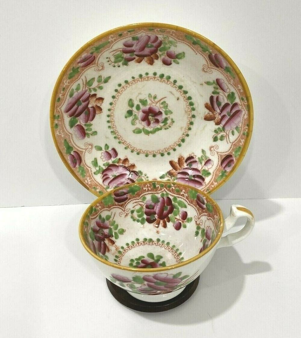 Gaudy Dutch Tea Cup & Saucer Set handpainted roses